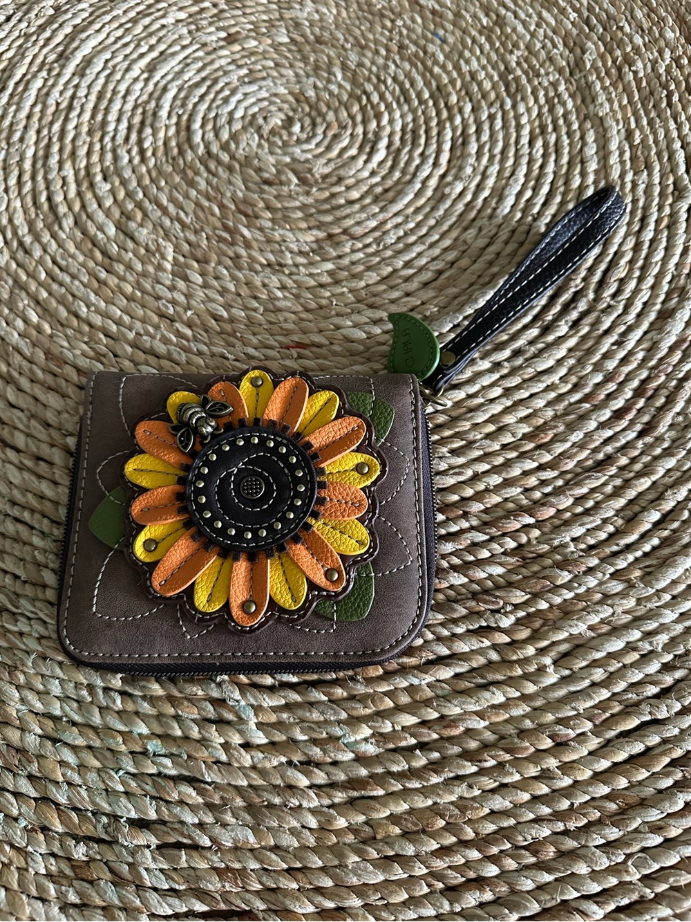 Chala Sunflower & Bee Leather Wallet Wristlet
